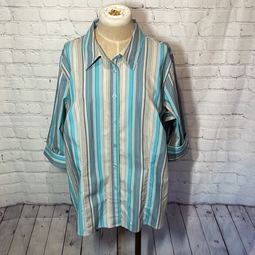 Vintage Y2K Style &Co Women Stretch Button up Stripe Top 3/4 length sleeve